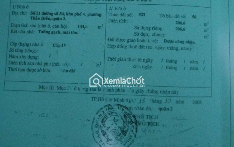 Bán nhà mặt tiền Thảo Điền, số 21 đường 54, Quận 2 – Diện tích 210m², giá 52 tỷ thương lượng
